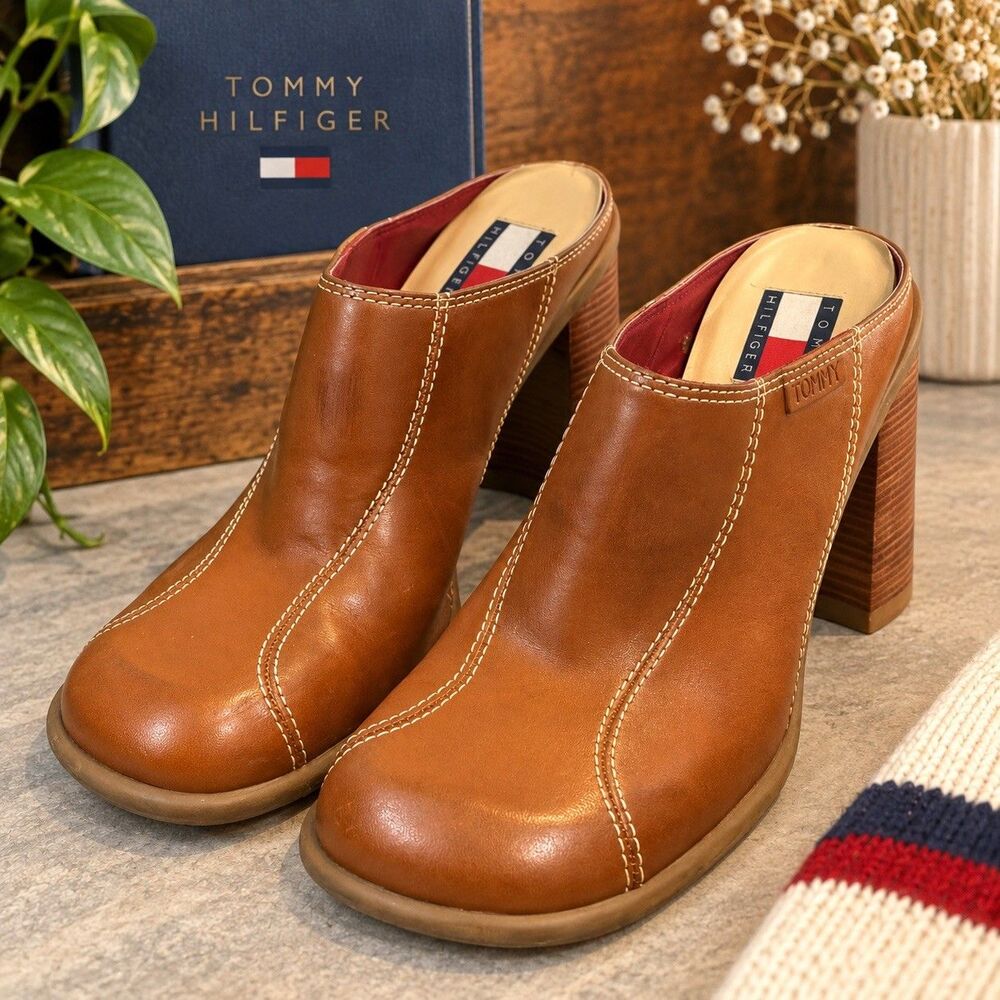 Vintage Tommy Hilfiger Leather Mules Womens 10 Brown Block Heel Y2K Clogs